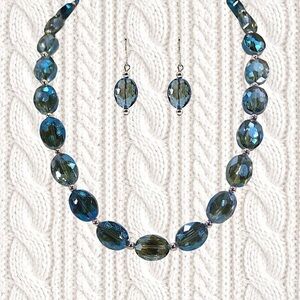 Blue glass bead necklace an earring set, with sparkling aurora borealis finish